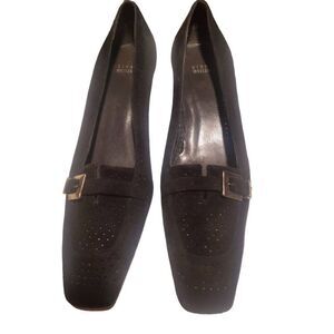 Stuart Weitzman Black Suede Perforated  Square Toe Kitten Heel Pumps Loafer With